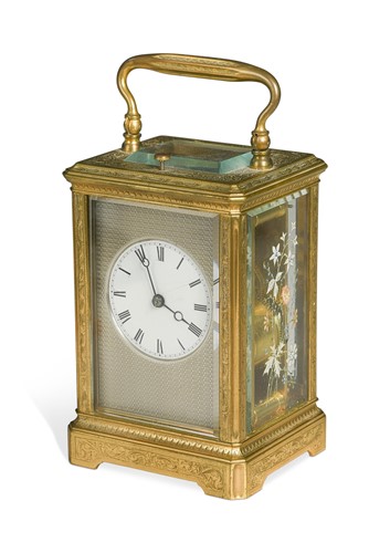 Lot 590 - A French engraved brass repeating carriage clock, late 19th century