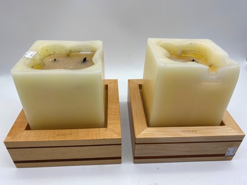 Lot 74 - A pair of inlaid birchwood square candle...
