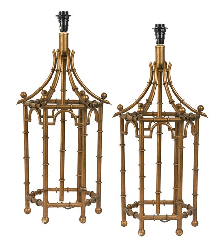 Lot 632 - A pair of Chinese style faux bamboo gilt metal table lamps, modern