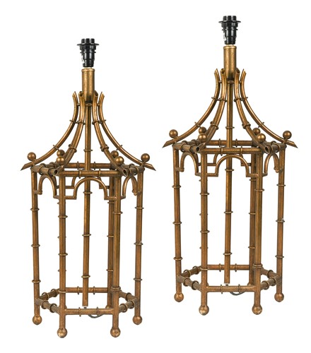Lot 634 - A pair of Chinese style faux bamboo gilt metal table lamps, modern