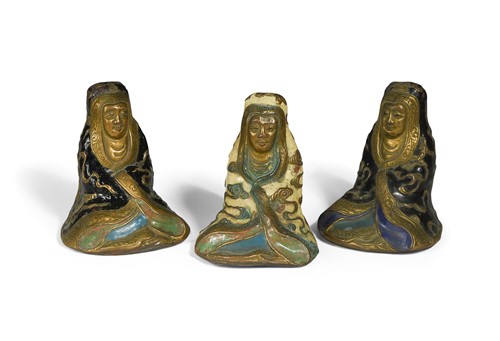 Lot 17 - Three Chinese champleve enamelled bronze and copper Bodhisattvas, 18th or 19th century