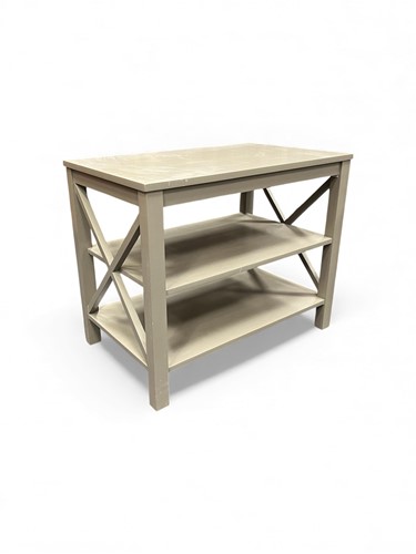 Lot 734 - A grey OKA painted three tier table,...