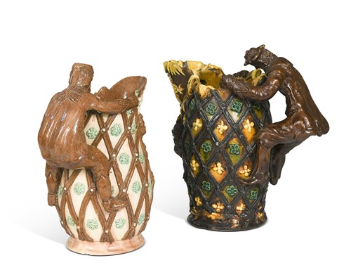 Lot 33 - Edward Bingham at Castle Hedingham, two figural pottery jugs, late 19th century