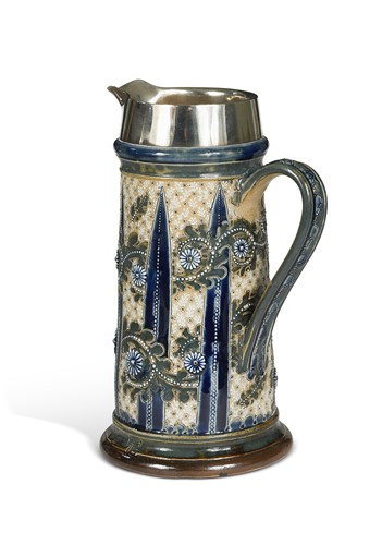 Lot 25 - George Tinworth for Doulton Lambeth, a stoneware and silver-mounted jug