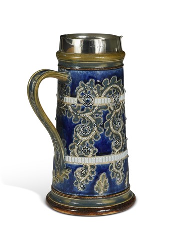Lot 26 - George Tinworth for Doulton Lambeth, a stoneware and silver-mounted jug
