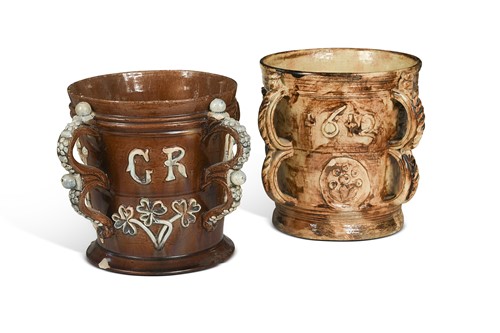 Lot 35 - Edward Bingham at Castle Hedingham, a four-handled pottery tyg