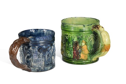 Lot 39 - Edward Bingham at Castle Hedingham, two figural 'Seasons' pottery tankards
