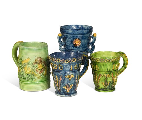Lot 45 - Edward Bingham at Castle Hedingham, a group of four pottery drinking vessels