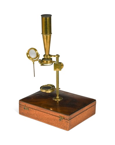 Lot 688 - A small brass folding field microscope by G C Dixey, London, 19th century