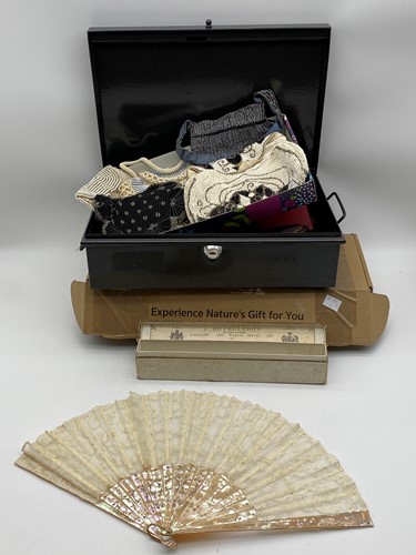 Lot 196 - Jewellery boxes (some leather), various fans...