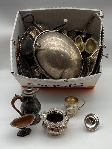 Lot 338 - A box of assorted silver plated and metalware...