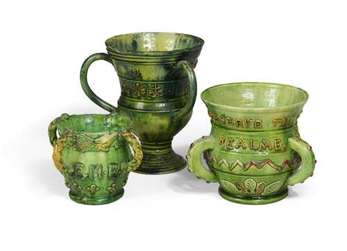 Lot 31 - Edward Bingham at Castle Hedingham, a group of green glazed pottery vessels