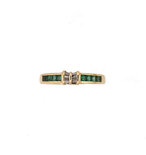 Lot 94 - An 18ct gold emerald and diamond half hoop style ring