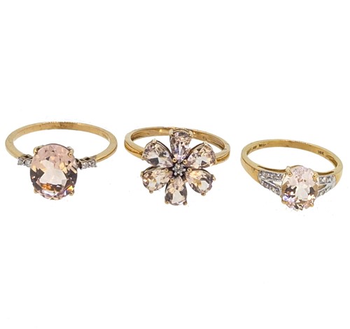 Lot 27 - A group of three 9ct yellow gold morganite and diamond dress rings