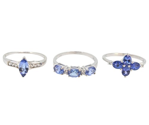 Lot 29 - A group of three 9ct white gold tanzanite and zircon dress rings