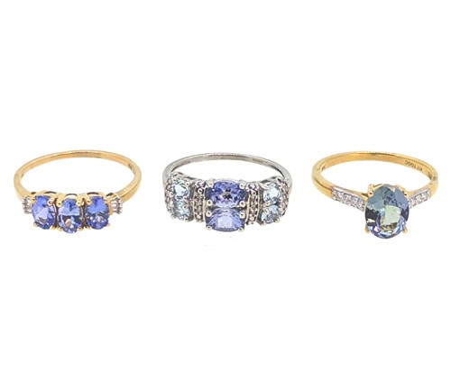 Lot 30 - A tanzanite, aquamarine and diamond ring, together with two tanzanite and diamond rings