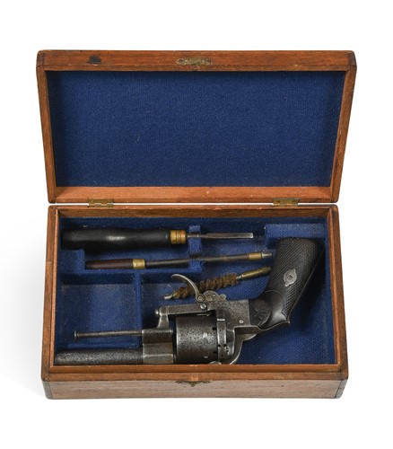 Lot 656 - A Belgian pin fire six-shot revolver, 19th century
