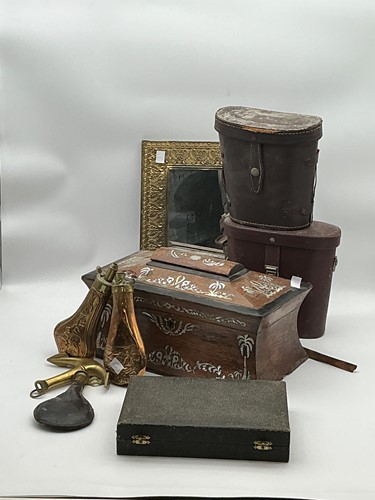 Lot 70 - A tea caddy, 3 power or shot flasks, 2 pairs...