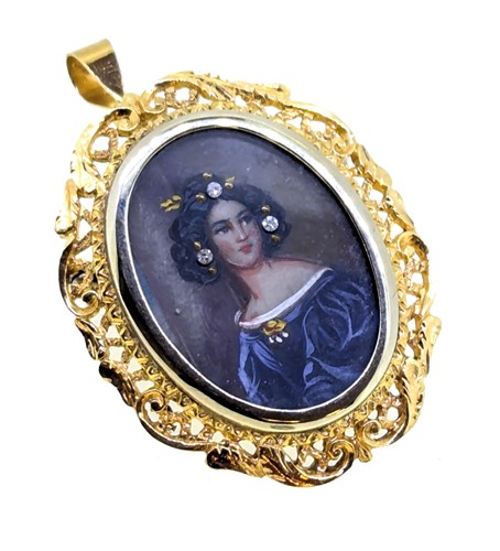 Lot 57 - A diamond set portrait miniature pendant/brooch