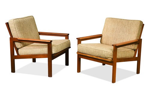 Lot 252 - Illum Wikkelso for Niels Eilersen, a pair of Danish teak Capella lounge chairs, circa 1960s