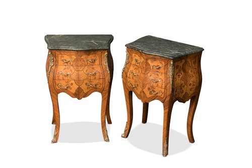 Lot 111 - A pair of Louis XVI style marquetry inlaid kingwood marble topped bedside chest of drawers