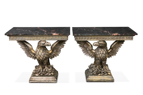 Lot 132 - A pair of William Kent style giltwood and marble console tables, 20th century