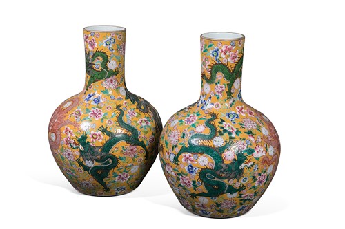 Lot 39 - A pair of Chinese large yellow ground bottle vases