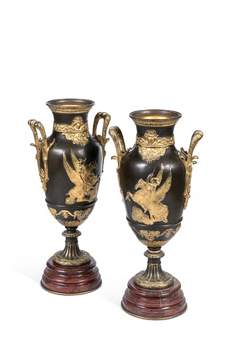 Lot 72 - Leon Boucher (French, 19th century), a pair of bronze Neoclassical two-handled vases