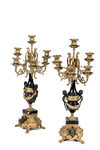 Lot 92 - A pair of Italian gilt metal and marble six-branch candelabra