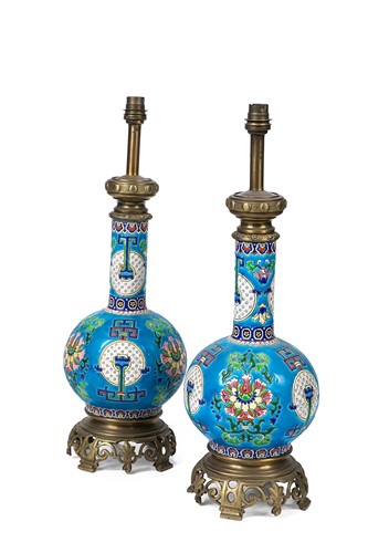 Lot 86 - A pair of French pottery and metal mounted Jules Vieillard bottle shaped lamps, late 19th century