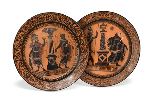 Lot 145 - Two Giustiniani glazed terracotta black figure dishes, 19th century