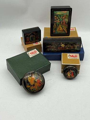 Lot 42 - Five Russian lacquer boxes painted with...