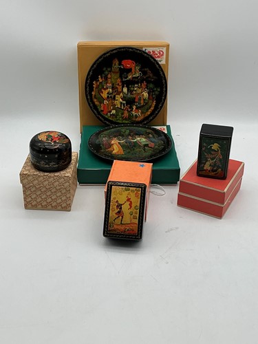 Lot 43 - Three Russian black lacquer boxes and two...