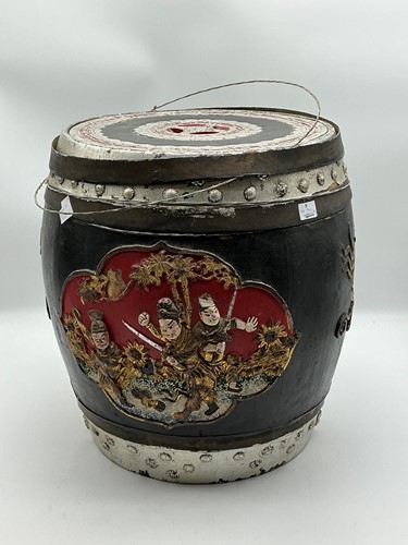 Lot 91 - An Eastern wooden painted barrel...