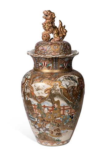 Lot 49 - A Japanese Satsuma pottery jar, cover and stand, Meiji Period