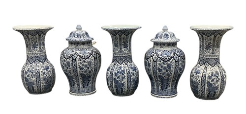 Lot 35 - A chimneypiece blue and white garniture, possibly Boch, 19th century