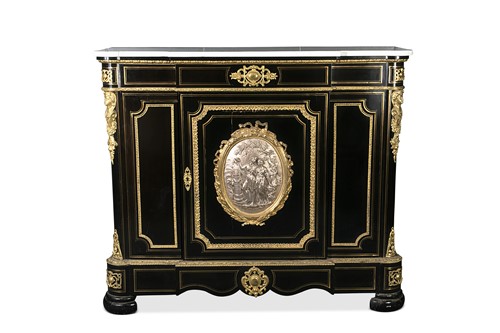 Lot 120 - A Napoleon III ebonised and marble topped side cabinet, mid-19th century