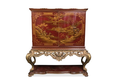 Lot 107 - A red lacquered and gilt chinoiserie cocktail cabinet on stand