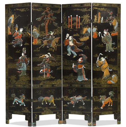 Lot 54 - A Chinese four-fold lacquered and ivory screen, circa 1900