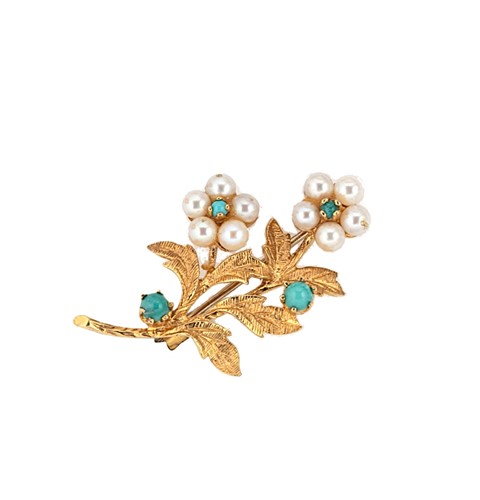 Lot 78 - A late 20th century 9ct gold turquoise and cultured pearl brooch