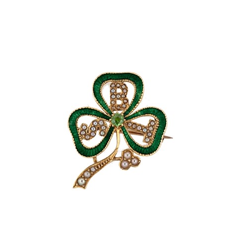 Lot 98 - A demantoid garnet, split pearl and enamel three leaf clover brooch
