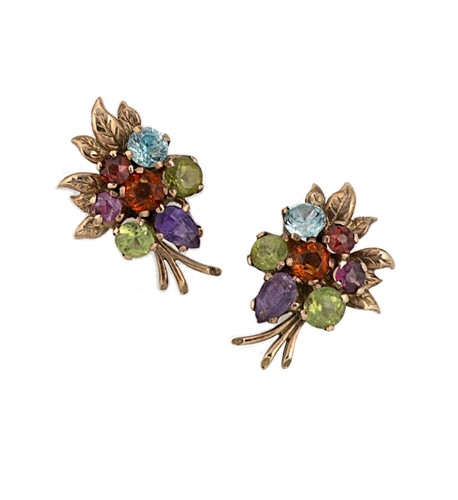 Lot 64 - Cropp & Farr - A pair of floral multi gemset ear studs