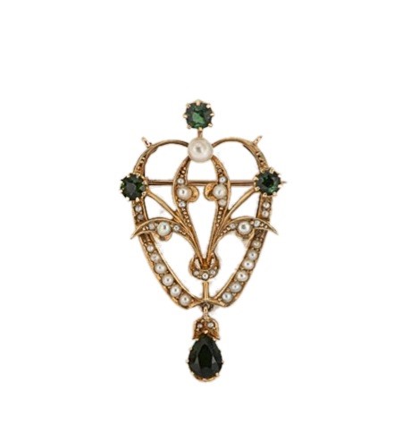 Lot 96 - A green tourmaline and pearl brooch