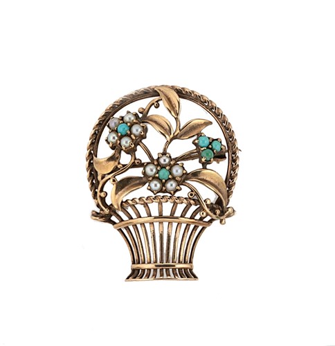 Lot 82 - A turquoise and split pearl flower basket brooch