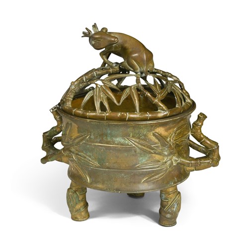 Lot 56 - A Chinese bronze bamboo tripod censer and cover, Qing Dynasty, 19th century