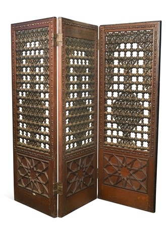 Lot 528 - An Indian carved teak three-fold screen, circa 1900