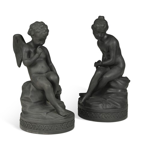 Lot 699 - A pair of Wedgwood black basalt figures of Cupid and Psyche, early 19th century