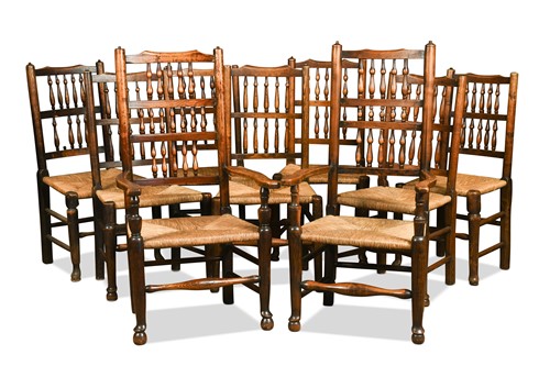 Lot 323 - A matched set of ten ash-framed spindle-back dining chairs, 18th or 19th century