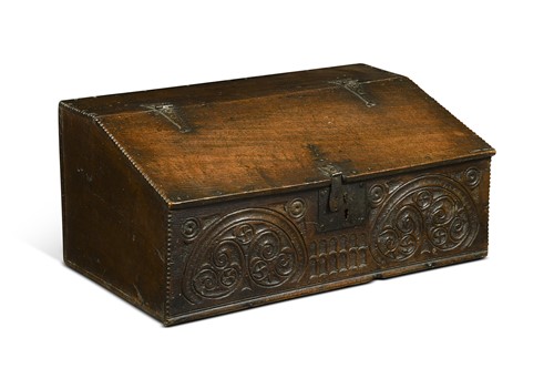 Lot 344 - A carved oak Bible box, 17th century