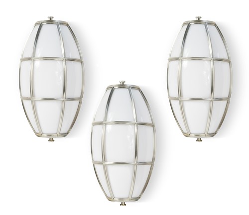 Lot 233 - A set of three Fixed Cage wall lights by Charles Edwards, London